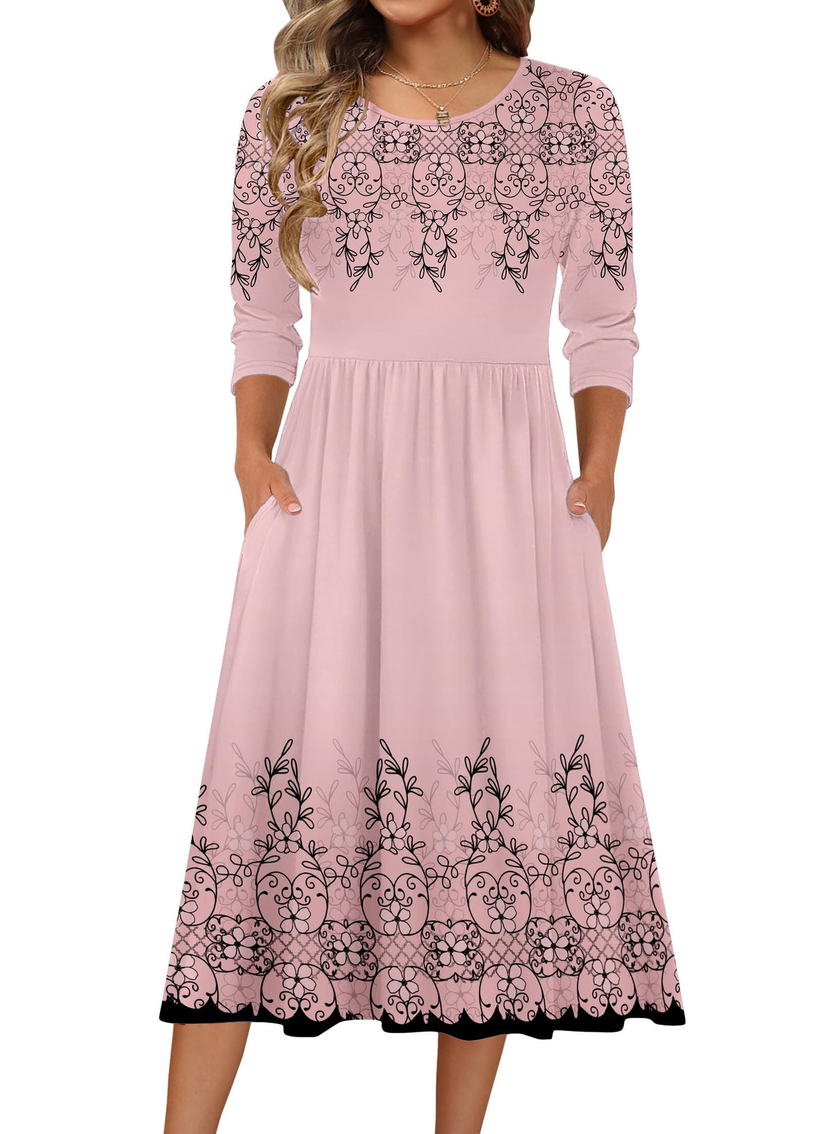 Zeagoo 3/4 Sleeve Women's Dress Casual Aline Summer Fall Midi Long Dresses