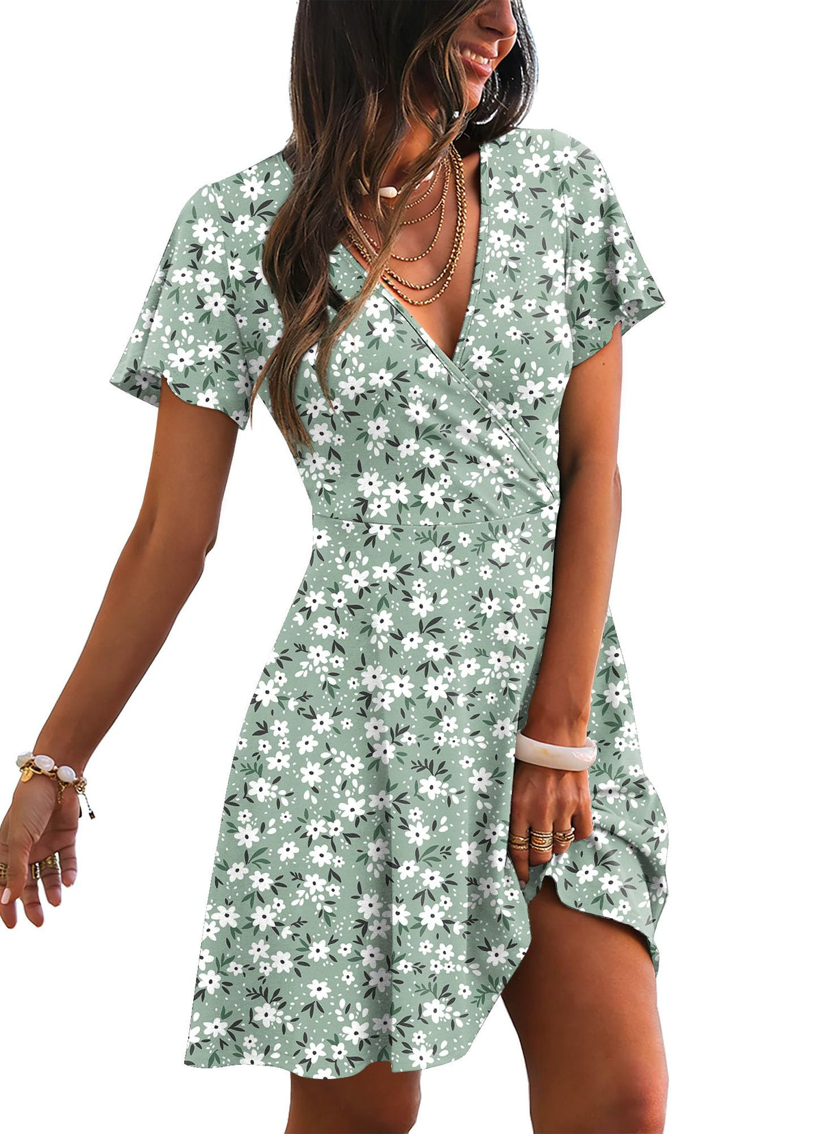 RUMIA Women Casual Dresses Wrap V Neck Dress A-Line Summer Sundress Fashion