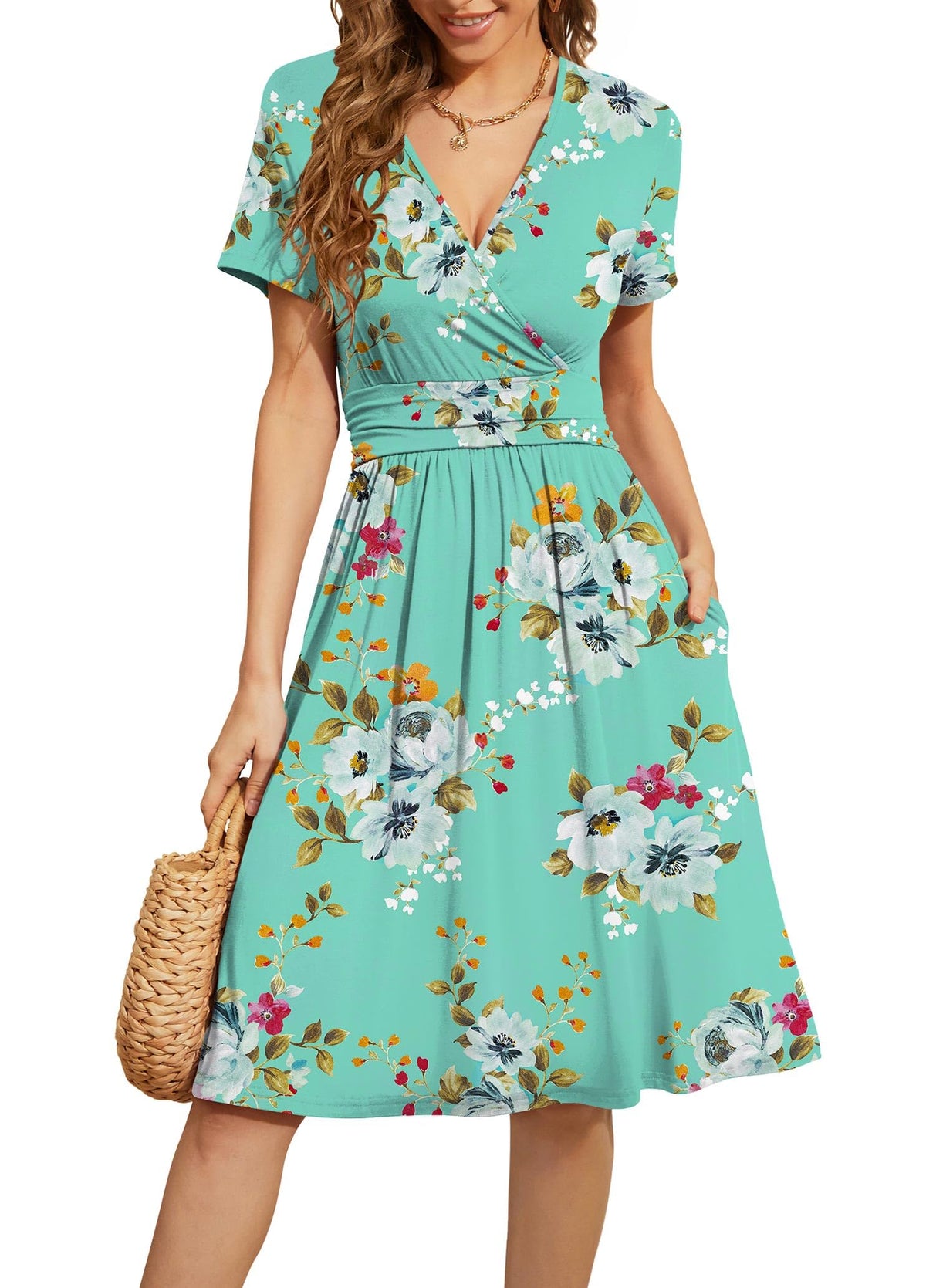WEACZZY Women's Summer Short Sleeve Casual Dresses V-Neck Floral Party Dress with Pockets