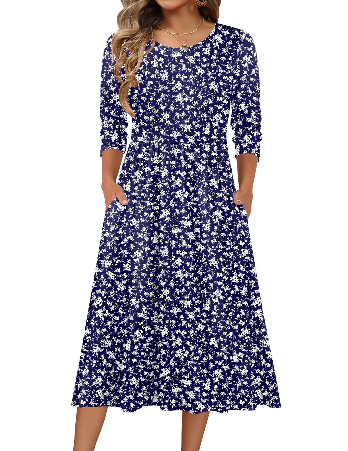 Zeagoo 3/4 Sleeve Women's Dress Casual Aline Summer Fall Midi Long Dresses