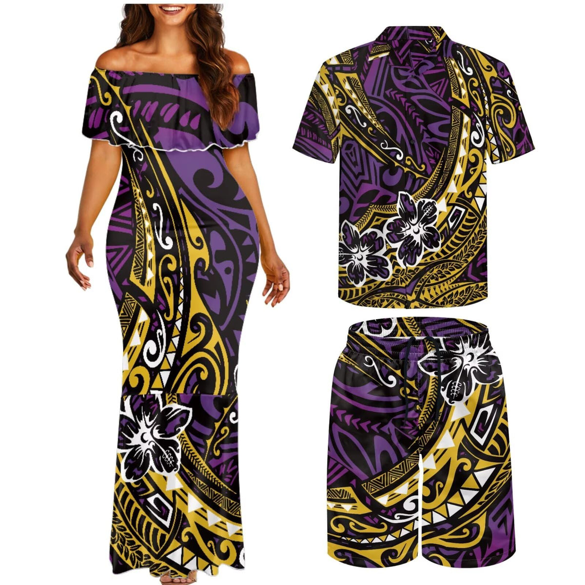 Matchable Couple Hawaiian Polynesian Puletasi Samoa Womens Dress with Mens Shirt and Mens Shorts Couple Set
