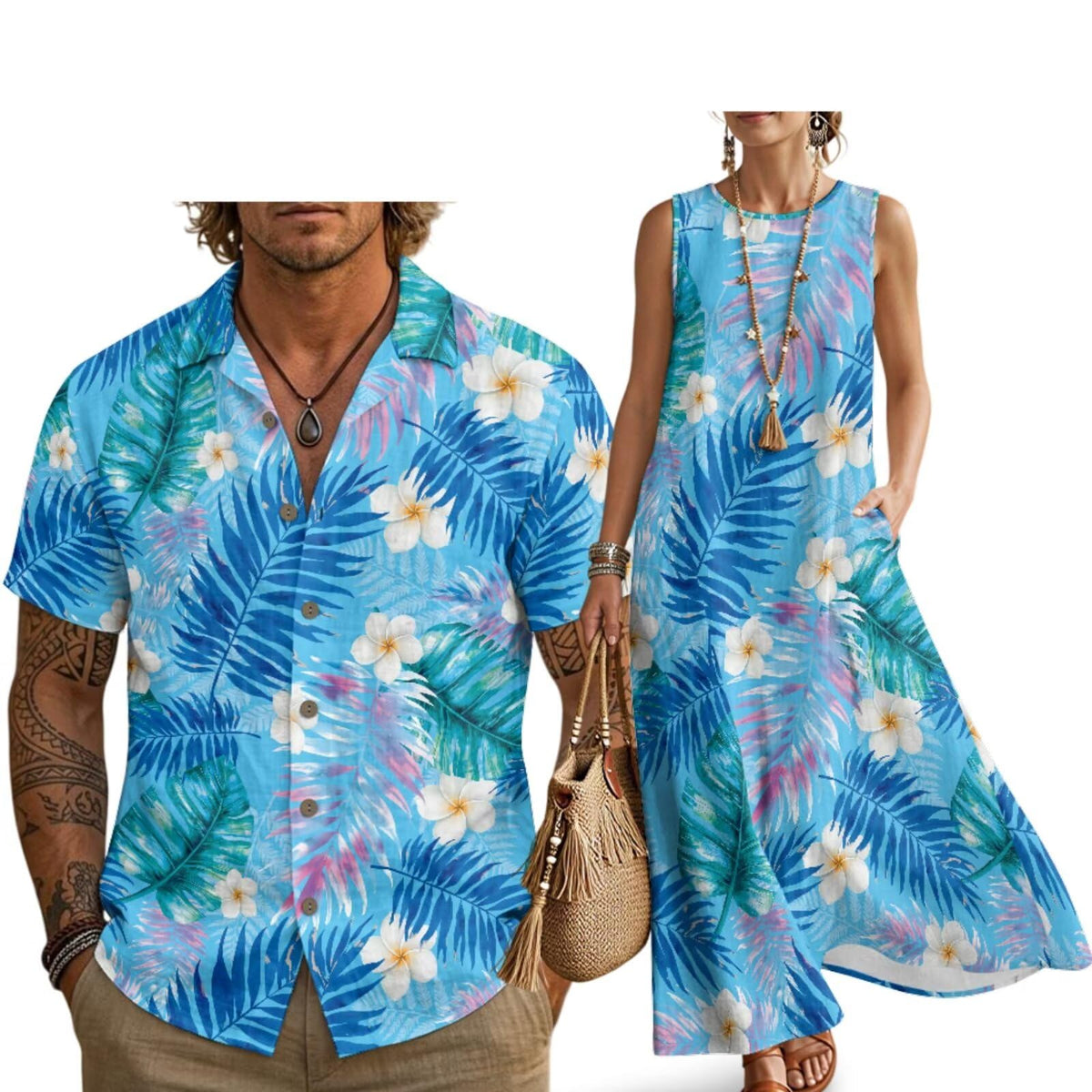 Husband and Wife Clothes Linen Casual Shirt for Men Maxi Dress for Women Summer Dress Matching Vacation Clothes