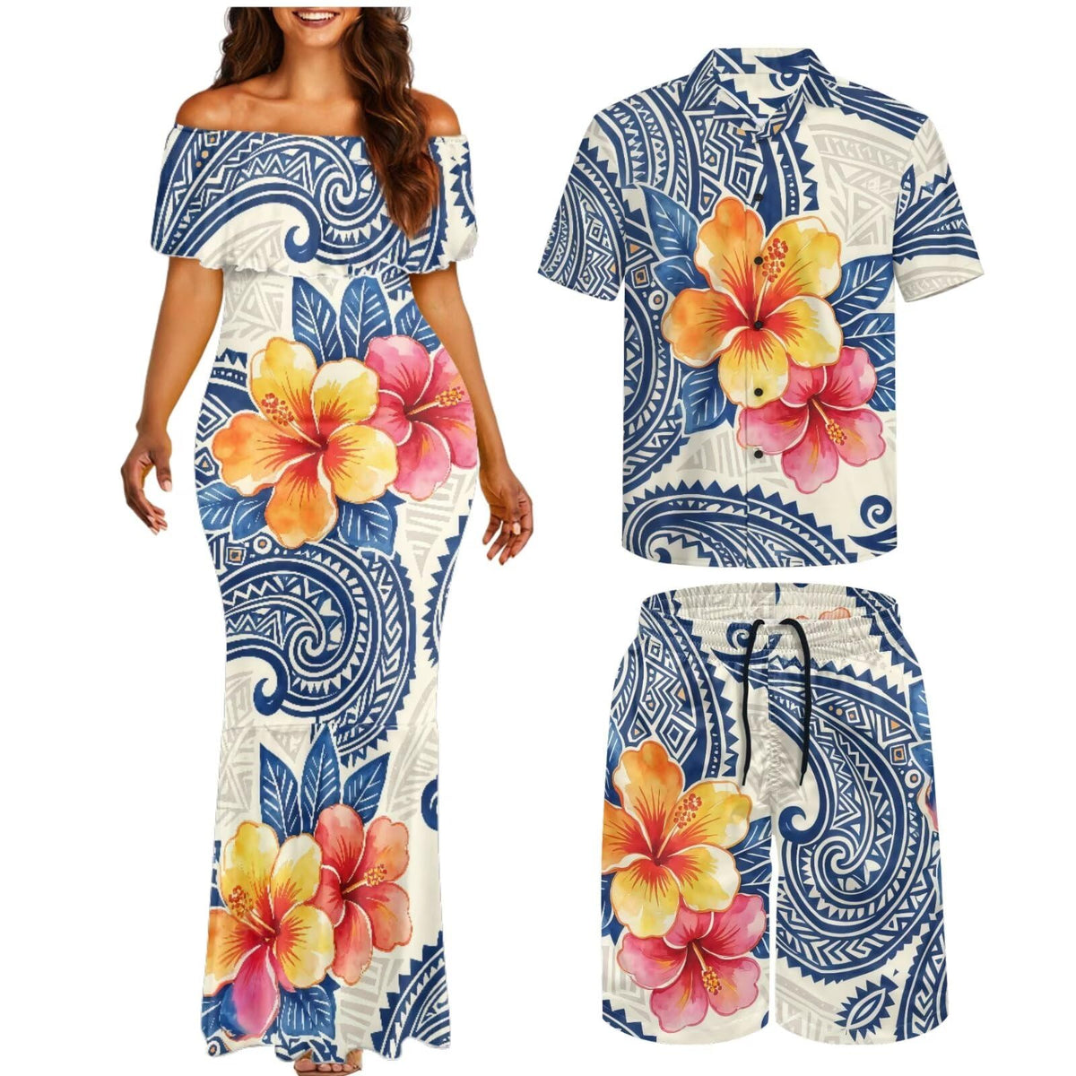 Matchable Couple Hawaiian Polynesian Puletasi Samoa Womens Dress with Mens Shirt and Mens Shorts Couple Set