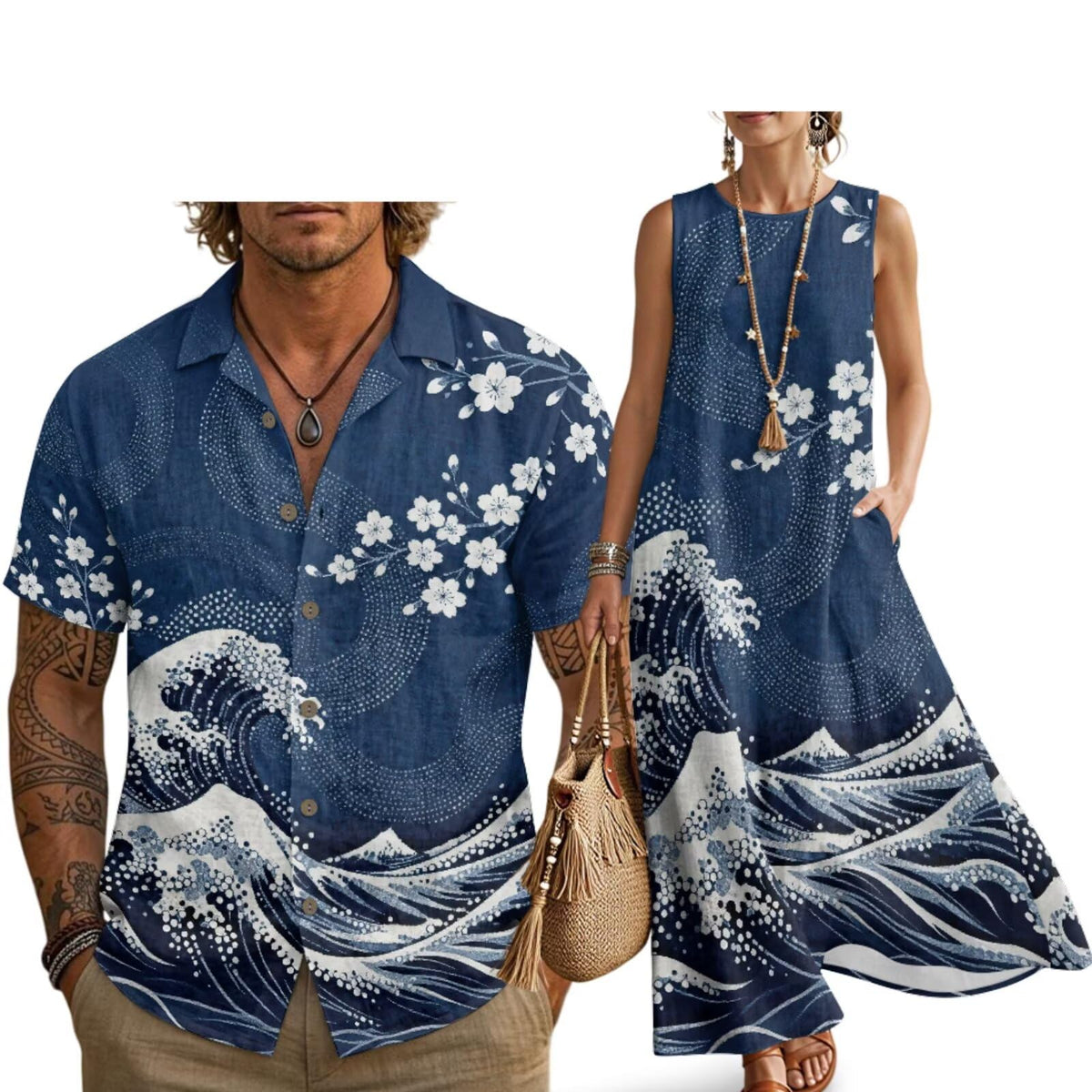Husband and Wife Clothes Linen Casual Shirt for Men Maxi Dress for Women Summer Dress Matching Vacation Clothes