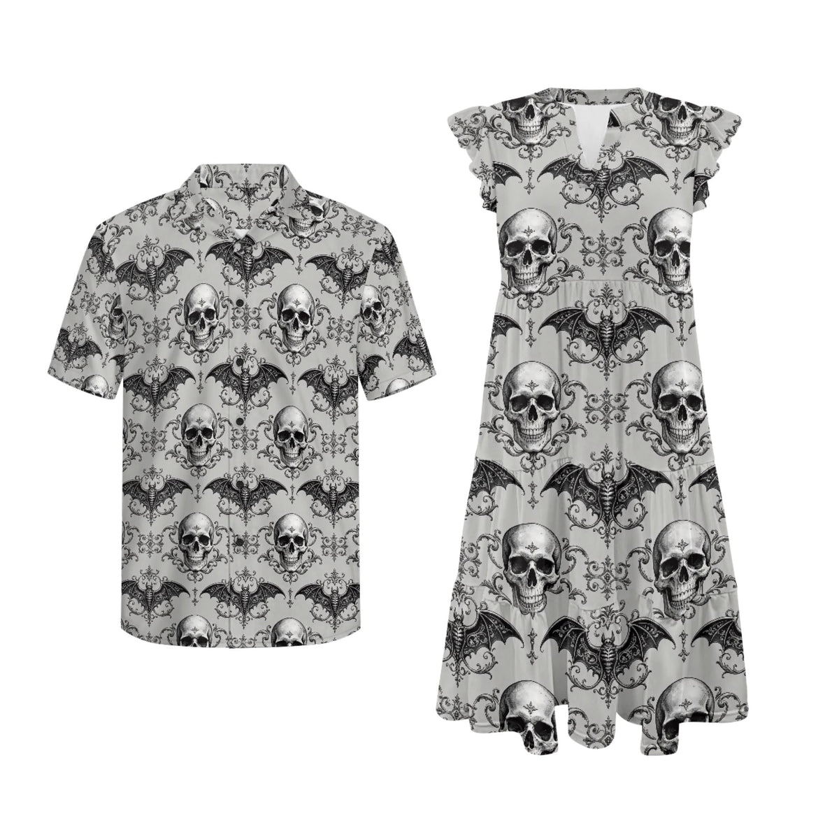 His and Hers Matching Hawaiian Outfits Mens Button Down Shirt Flowy Tiered Midi Dress