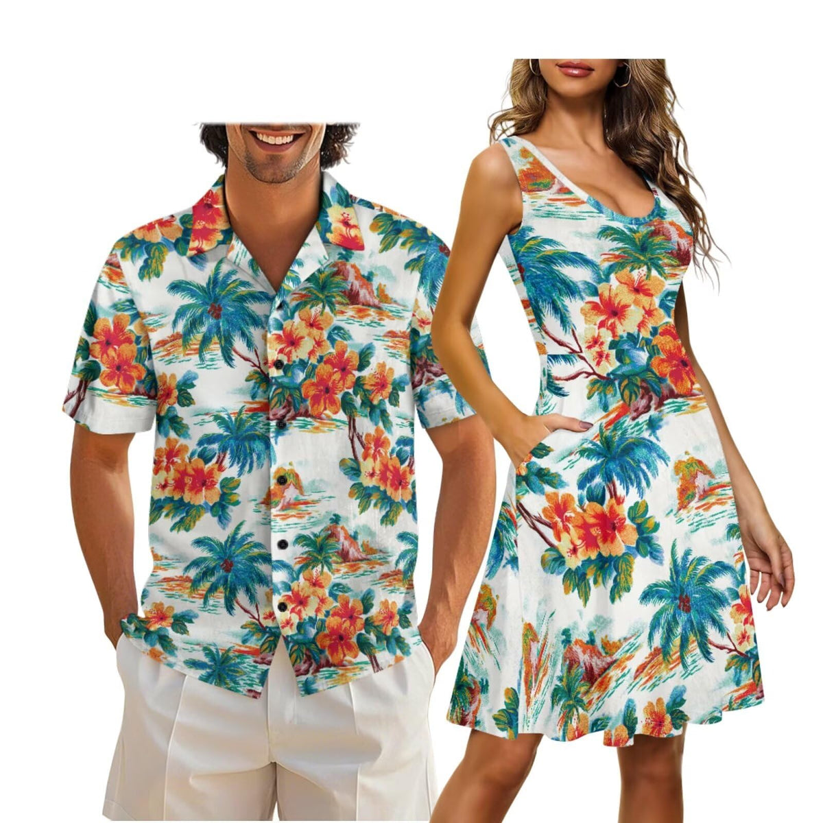 Cozeyat Matching Hawaiian Outfits for Couples Mens Button Up Polos Shirt and Women Sleeveless Sundress with Pockets