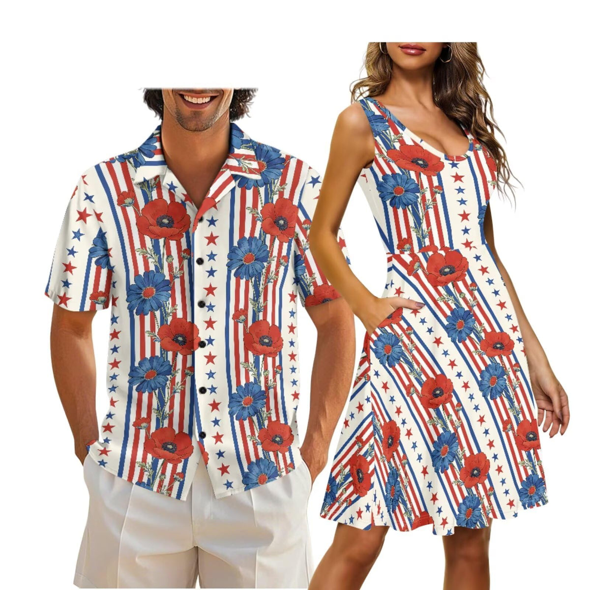 Cozeyat Independence Day Matching Outfits for Couples Mens Short Sleeve Button Down Shirts Womens Sleeveless Dress