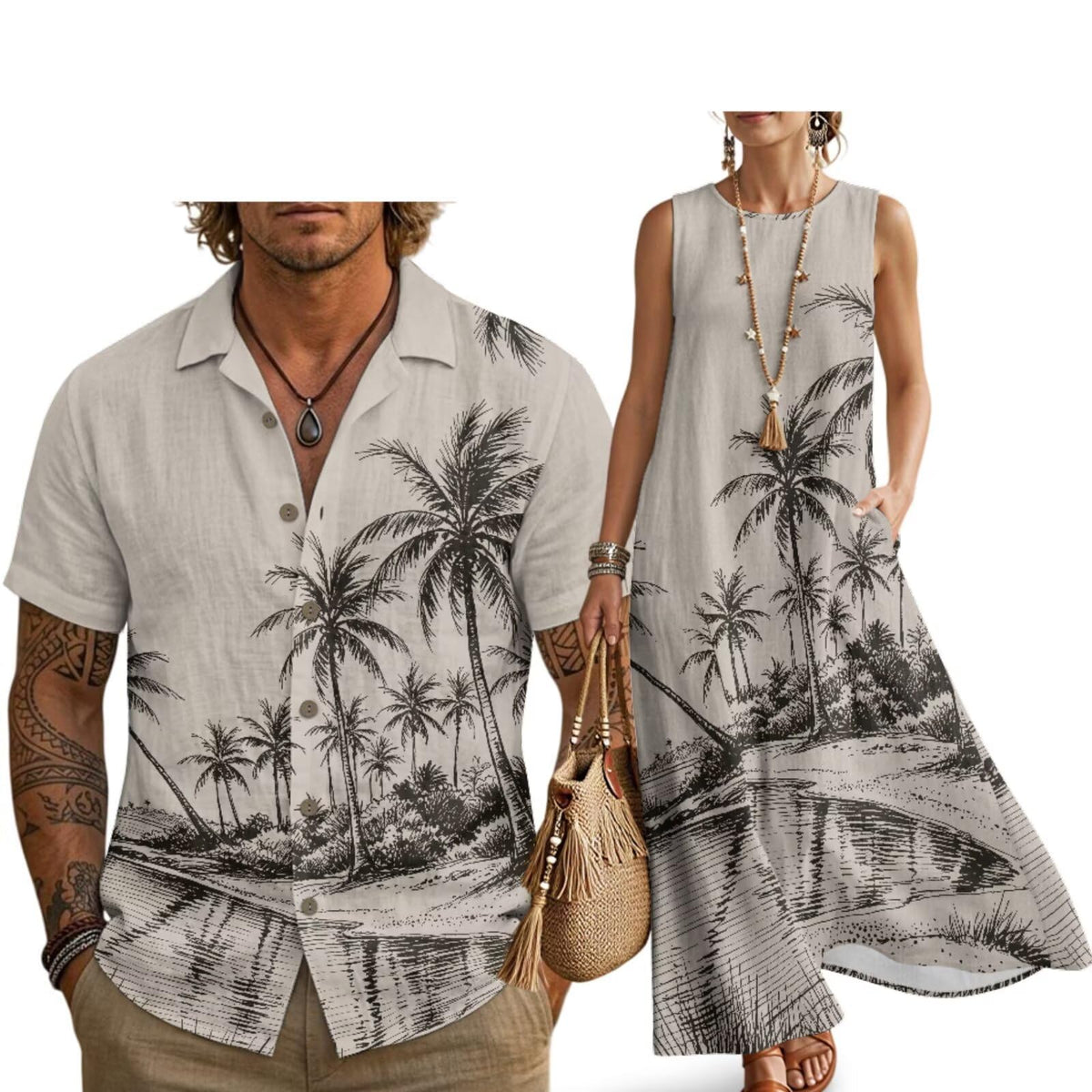 Husband and Wife Clothes Linen Casual Shirt for Men Maxi Dress for Women Summer Dress Matching Vacation Clothes