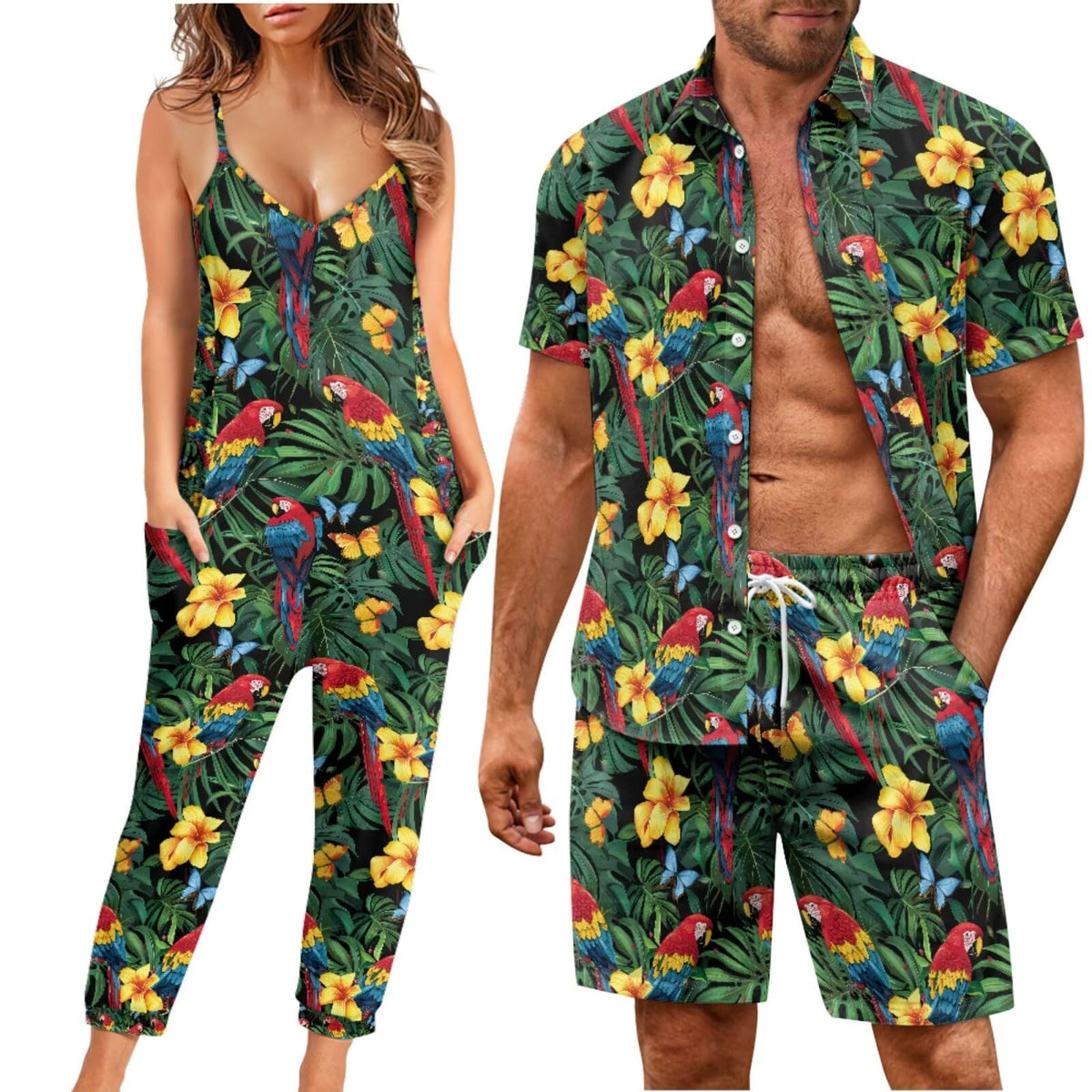 Matchable Couple Hawaiian Luau Men Shirt or Women V-Neck Jumpsuit