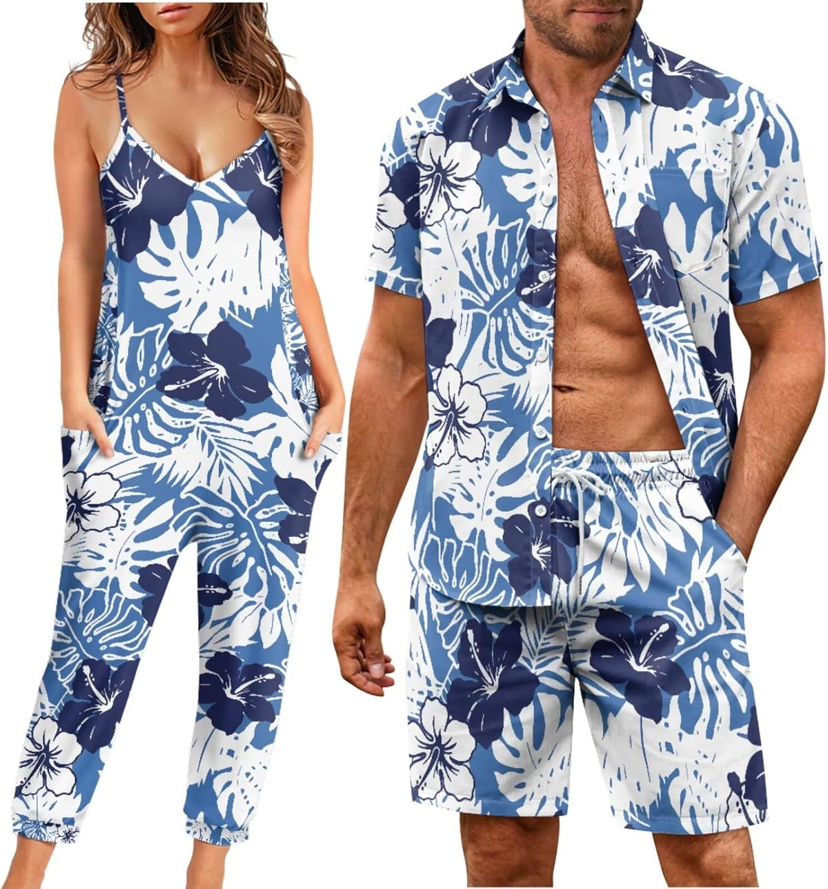 Matchable Couple Hawaiian Luau Men Shirt or Women V-Neck Jumpsuit