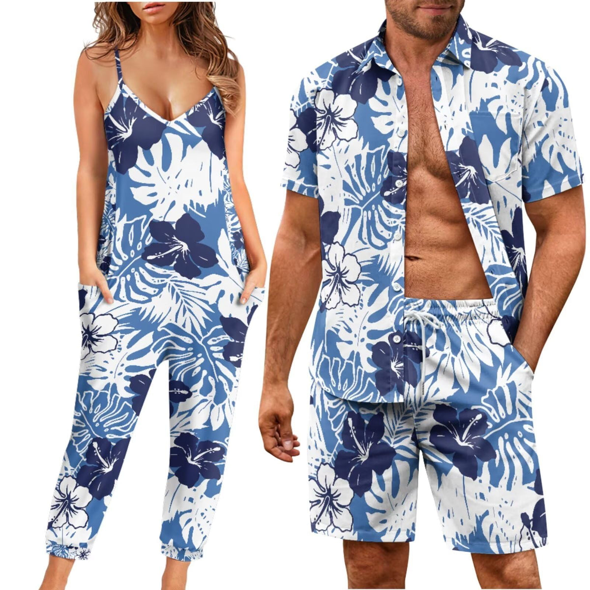 Matchable Couple Hawaiian Luau Men Shirt or Women V-Neck Jumpsuit