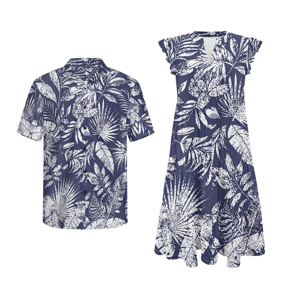 His and Hers Matching Hawaiian Outfits Mens Button Down Shirt Flowy Tiered Midi Dress