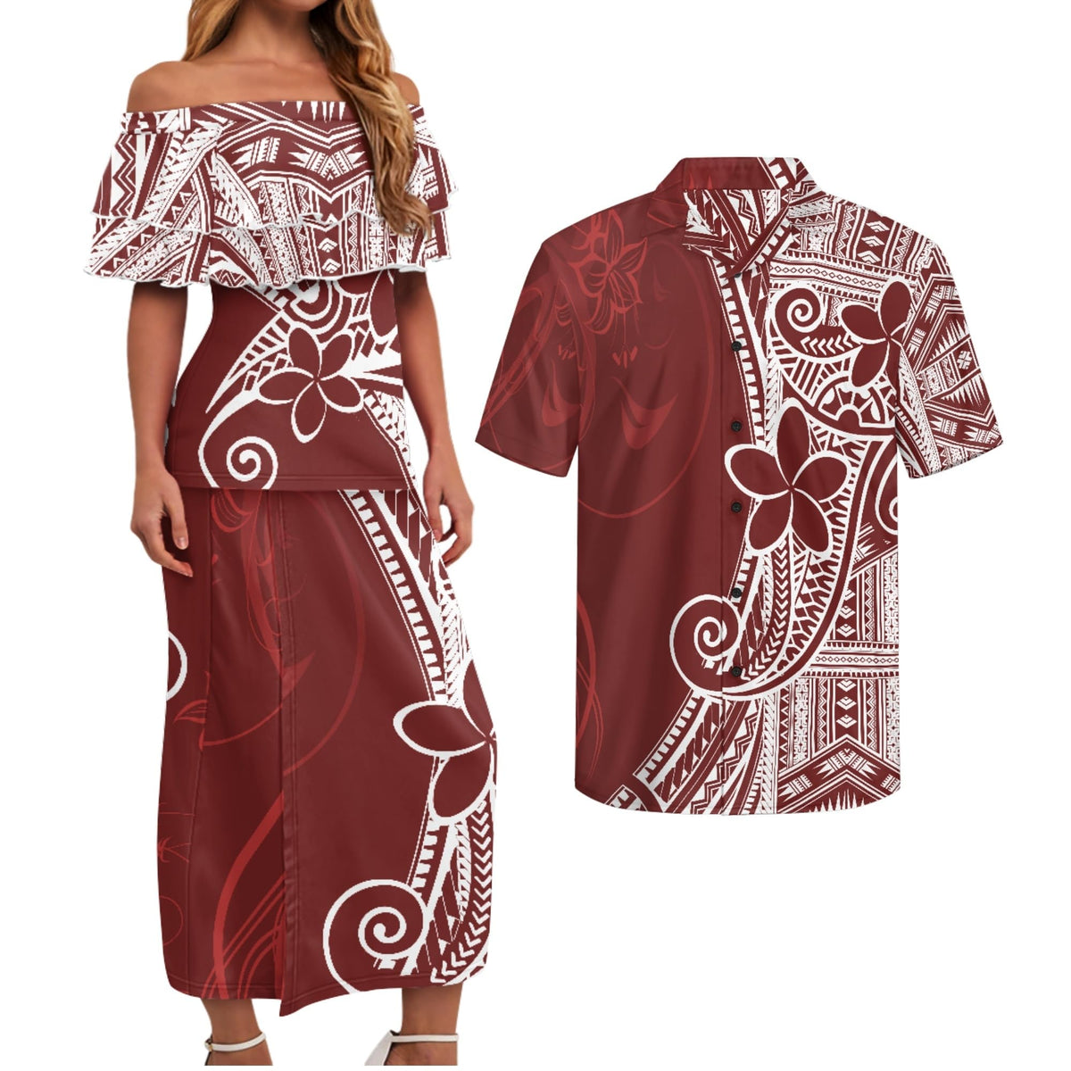Polynesian Couples Matching Outfits Short Sleeve Puletsai Samoan Traditional Dress & Man Shirts