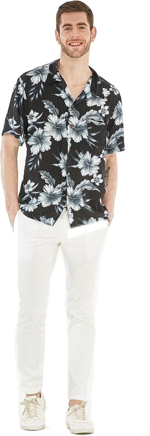 Couple Matching Hawaiian Luau Party Outfit Set Shirt Dress in Black Rafelsia