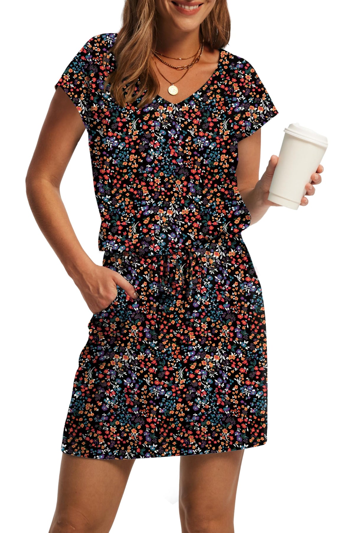 OFEEFAN Summer Dresses for Women 2026 V Neck T Shirt Casual Mini Dresses Tie Waist Sundresses with Pockets
