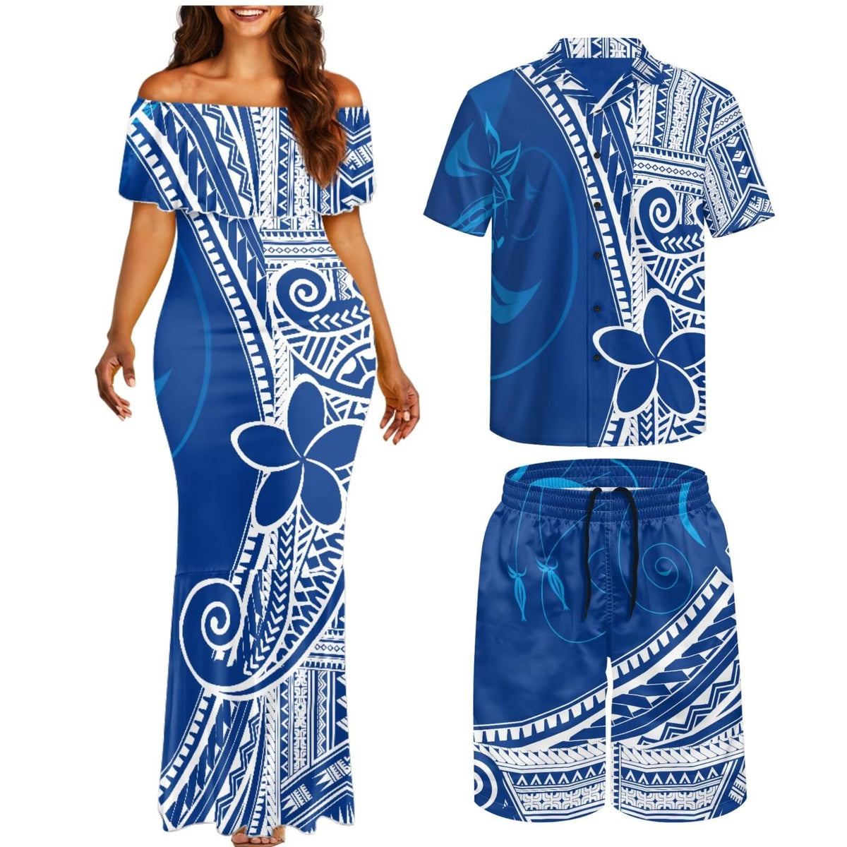 Matchable Couple Hawaiian Polynesian Puletasi Samoa Womens Dress with Mens Shirt and Mens Shorts Couple Set
