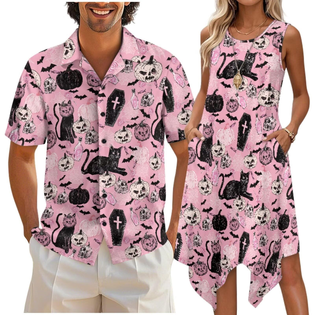 doginthehole Matching Hawaiian Outfits for Couples Men's Button Down Shirt Sleeveless Sundresses Summer Dress for Women