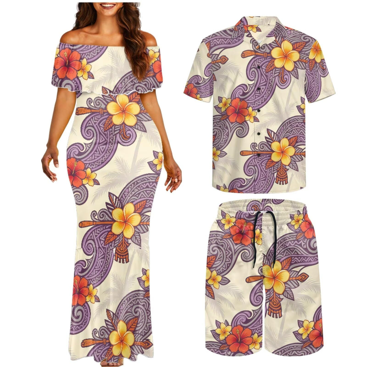 Matchable Couple Hawaiian Polynesian Puletasi Samoa Womens Dress with Mens Shirt and Mens Shorts Couple Set