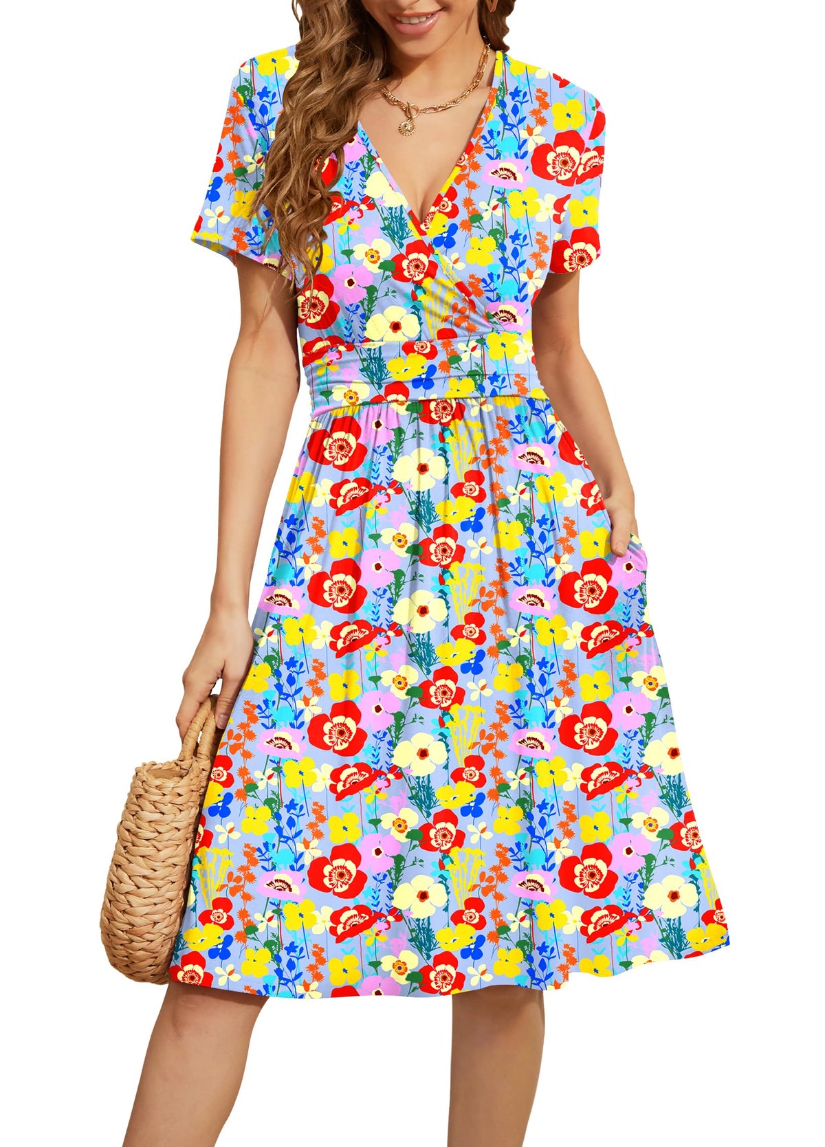 WEACZZY Women's Summer Short Sleeve Casual Dresses V-Neck Floral Party Dress with Pockets