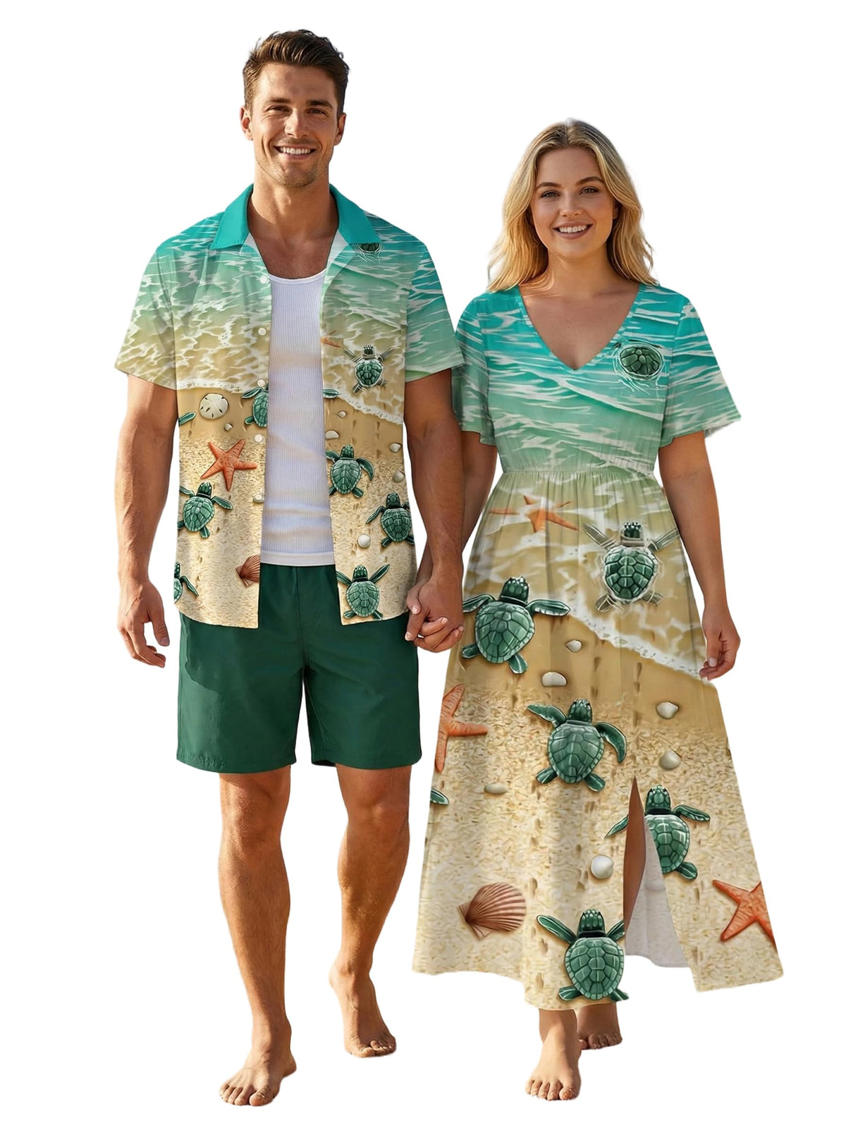 Matchable Couple Hawaiian Sea Beach Starfish Turtle Shell Print Shirt or Plus Size Midi Split A Line Dress