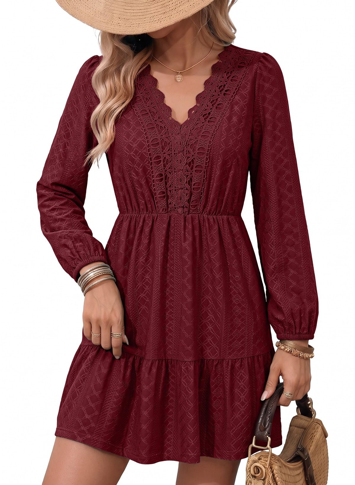 Dokotoo Womens Dresses Lace Hollow Out Embroidered V Neck Long Sleeve Dress