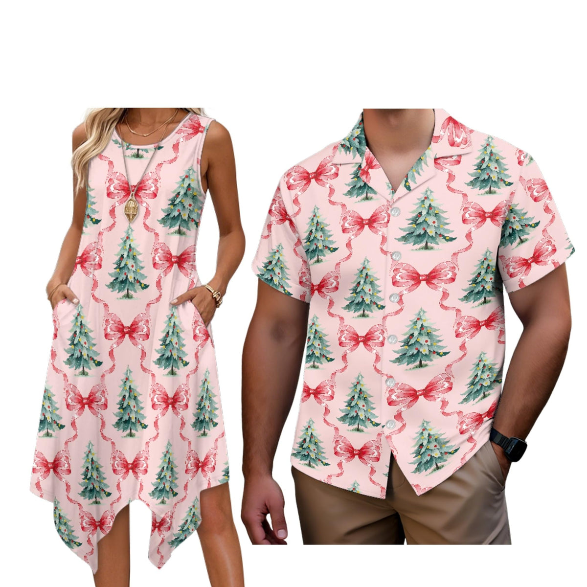 Matching Hawaiian Outfits for Couples Womens Asymmetrical Midi Dress Mens Beach Shirts Short Sleeve Button Up Shirt