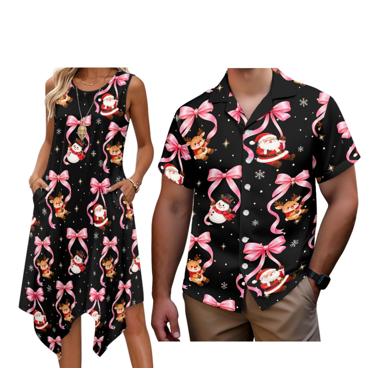 Matching Hawaiian Outfits for Couples Womens Asymmetrical Midi Dress Mens Beach Shirts Short Sleeve Button Up Shirt