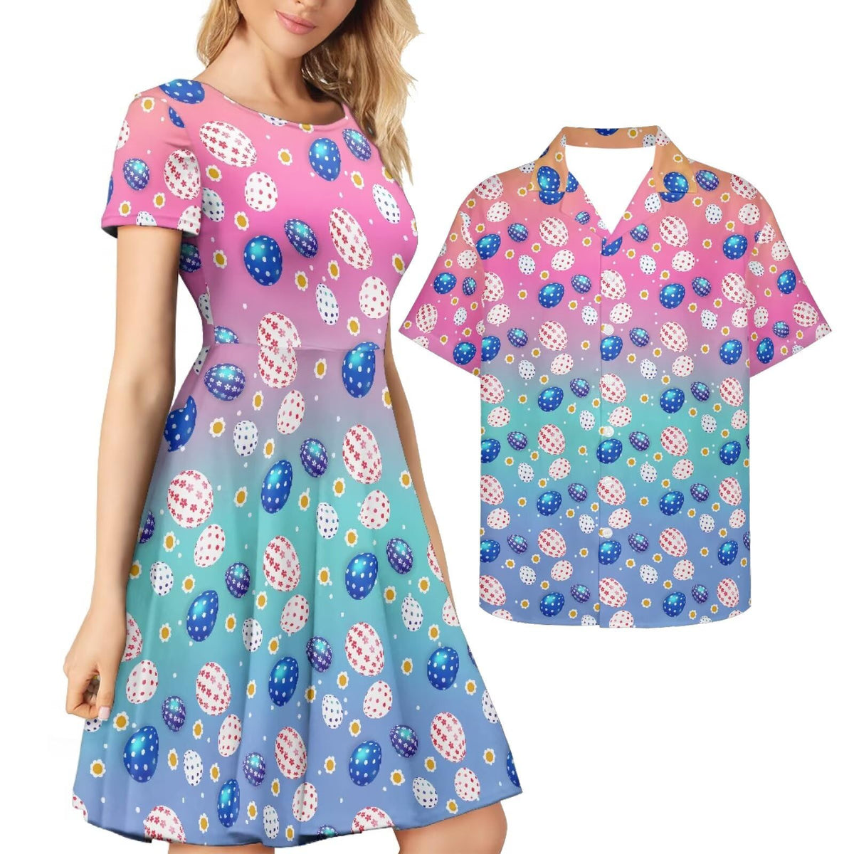 AmzPrint Couple Christmas Shirt and Dress Womens Elegant Short Sleeve Round Neck Cocktail Party Green Xmas Swing Dress