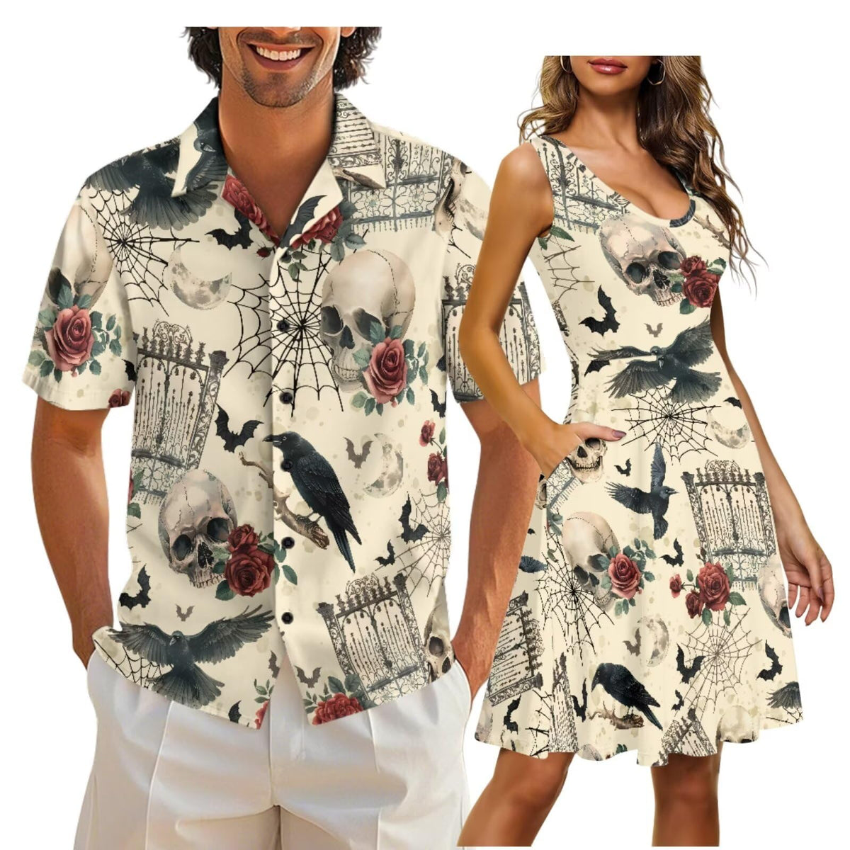 Cozeyat Matching Hawaiian Outfits for Couples Mens Button Up Polos Shirt and Women Sleeveless Sundress with Pockets