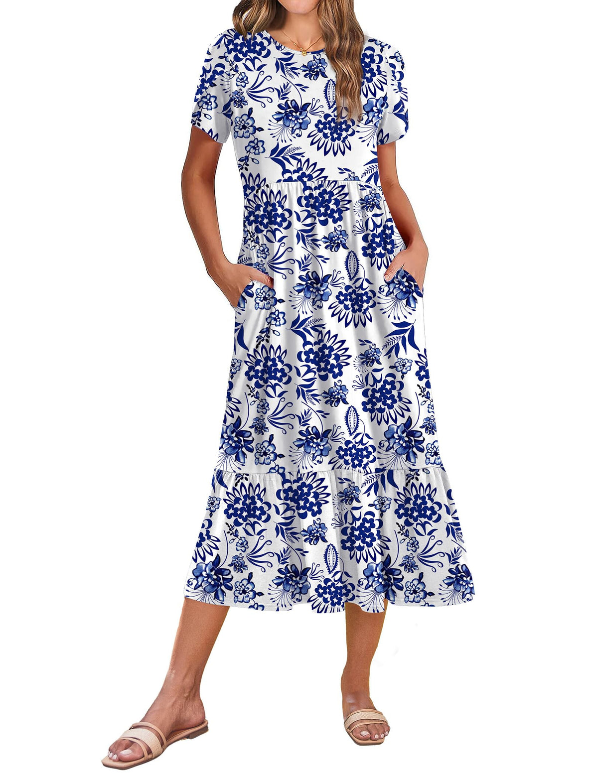 Zeagoo Women Summer Midi A Line Dress Short Sleeve Casual Flowy Tiered Beach Long Sundress with Pockets 2026 Vacation Travel