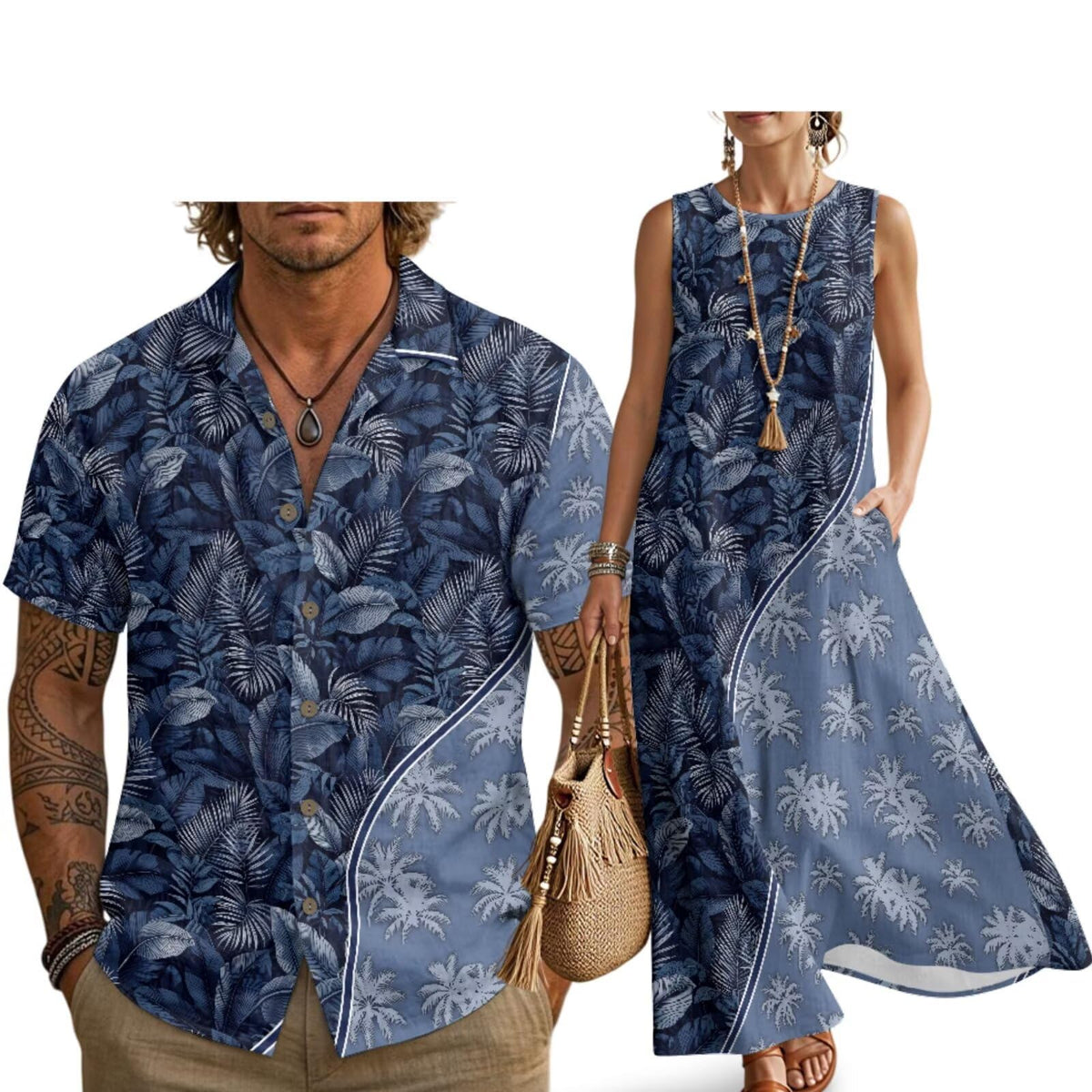 Husband and Wife Clothes Linen Casual Shirt for Men Maxi Dress for Women Summer Dress Matching Vacation Clothes