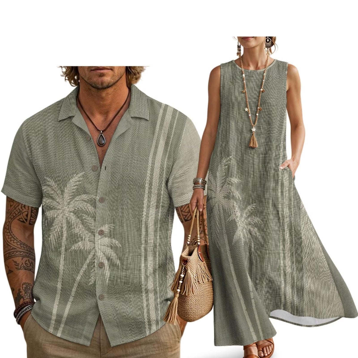 Husband and Wife Clothes Linen Casual Shirt for Men Maxi Dress for Women Summer Dress Matching Vacation Clothes