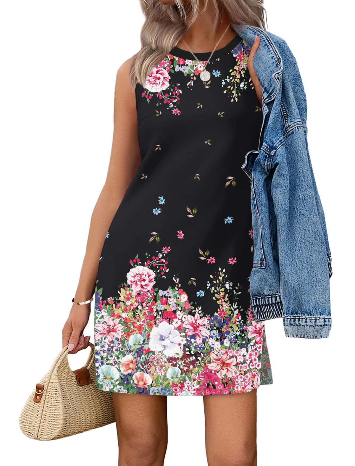 WIHOLL Casual Dresses for Women Crewneck Sleeveless Tank Dress Summer Spring Boho Vacation Clothes