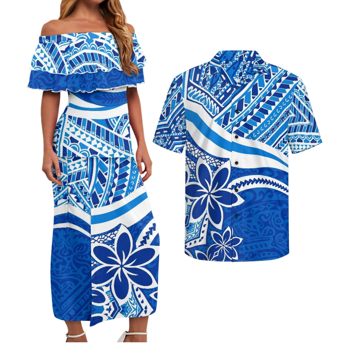 Polynesian Couples Matching Outfits Short Sleeve Puletsai Samoan Traditional Dress & Man Shirts