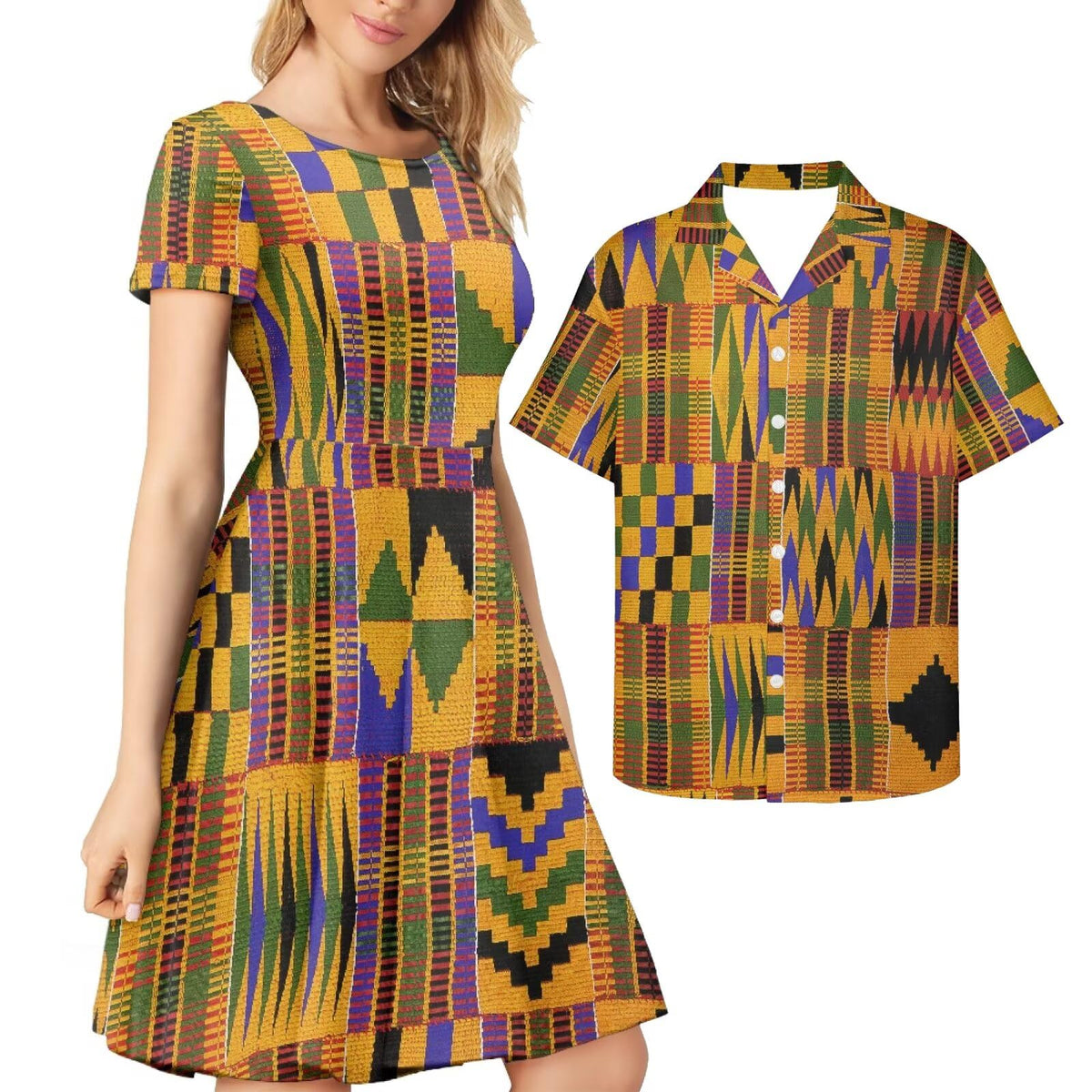 AmzPrint Couple Christmas Shirt and Dress Womens Elegant Short Sleeve Round Neck Cocktail Party Green Xmas Swing Dress