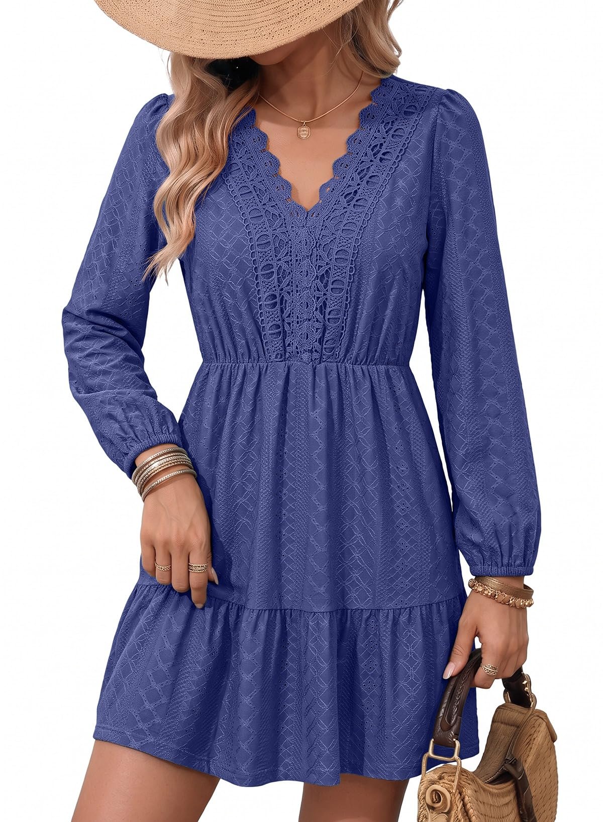 Dokotoo Womens Dresses Lace Hollow Out Embroidered V Neck Long Sleeve Dress