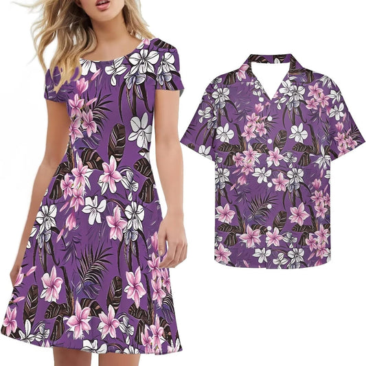 AmzPrint Couple Christmas Shirt and Dress Womens Elegant Short Sleeve Round Neck Cocktail Party Green Xmas Swing Dress