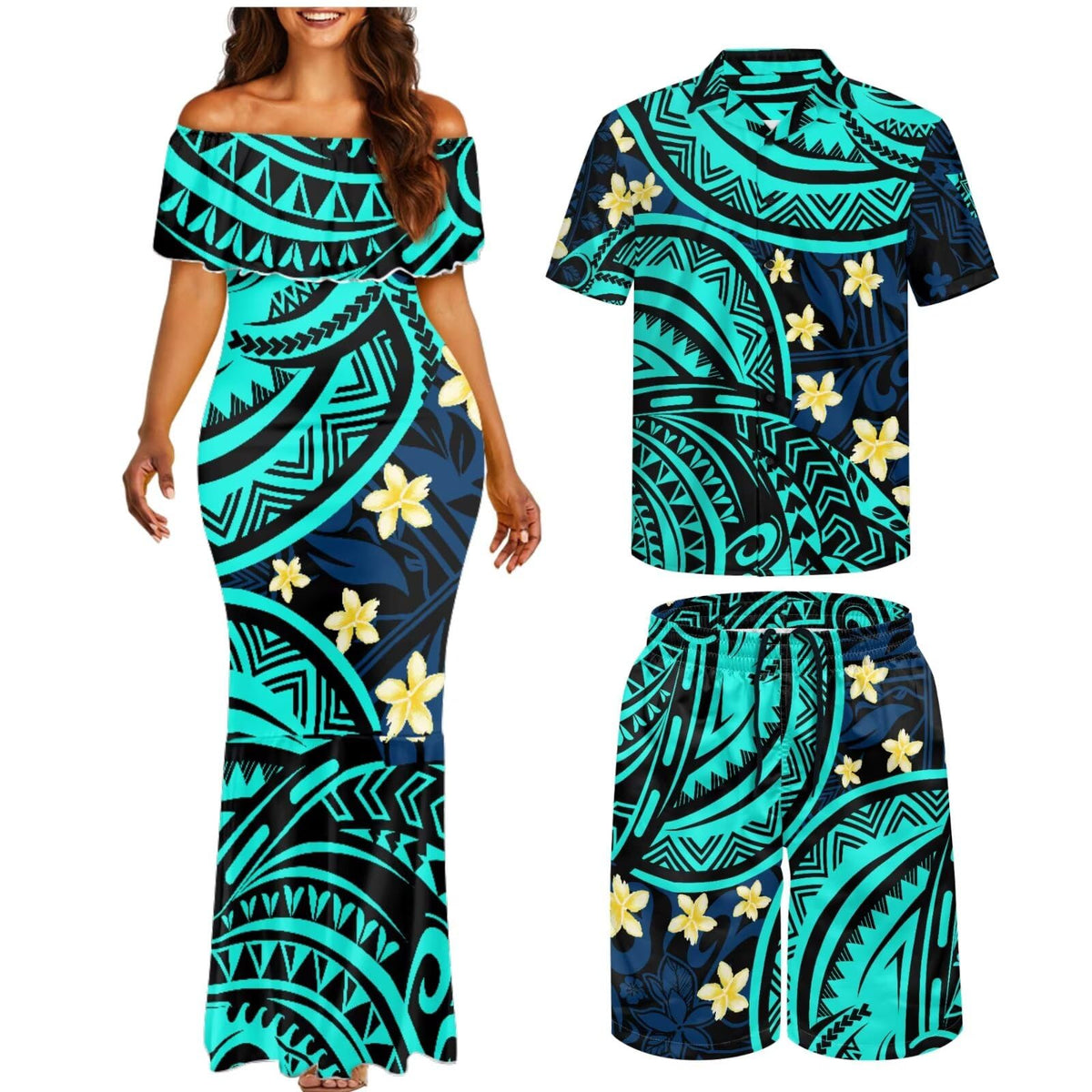 Matchable Couple Hawaiian Polynesian Puletasi Samoa Womens Dress with Mens Shirt and Mens Shorts Couple Set