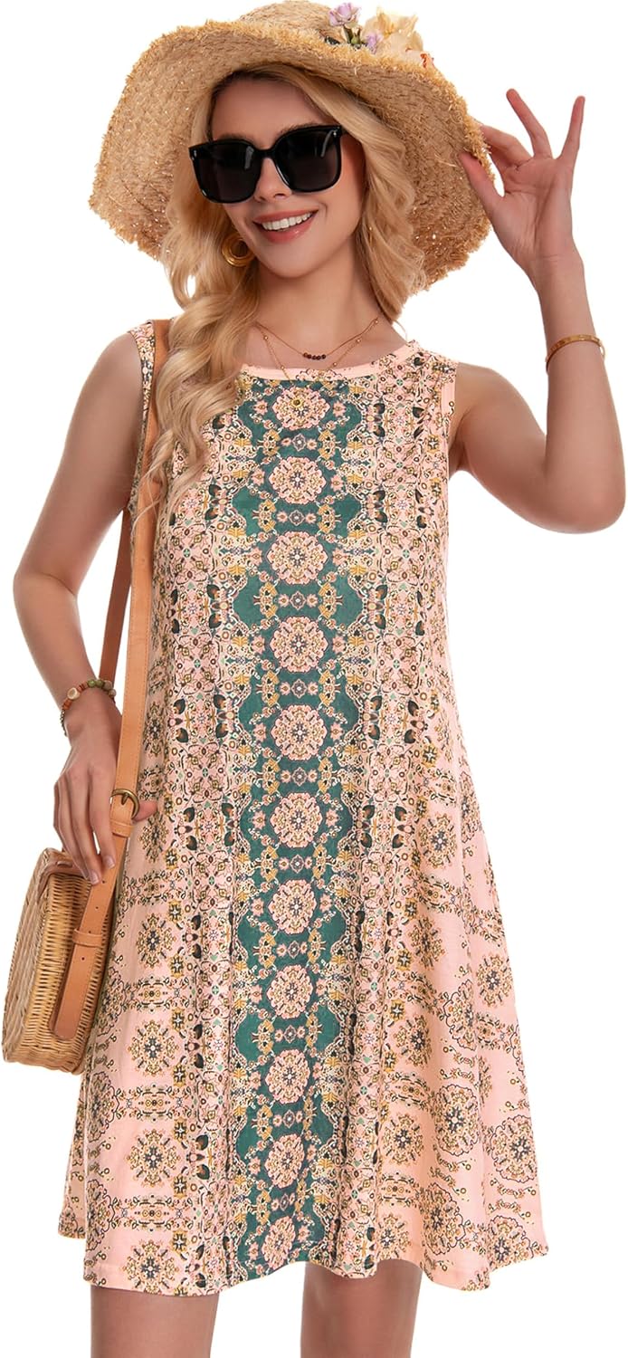 elescat Summer Dresses for Women Boho Sleeveless Pocket Tshirt Sundresses