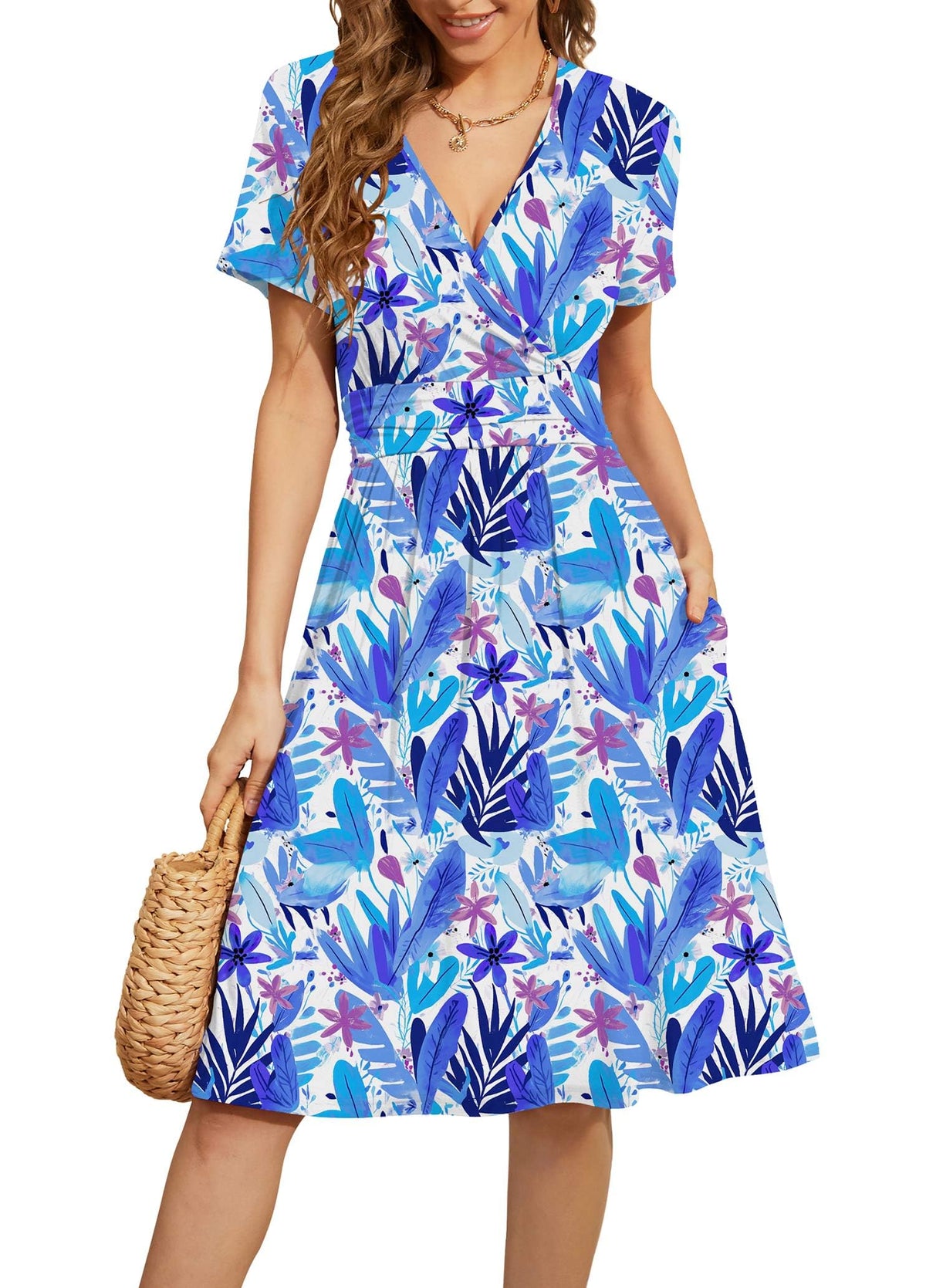 WEACZZY Women's Summer Short Sleeve Casual Dresses V-Neck Floral Party Dress with Pockets