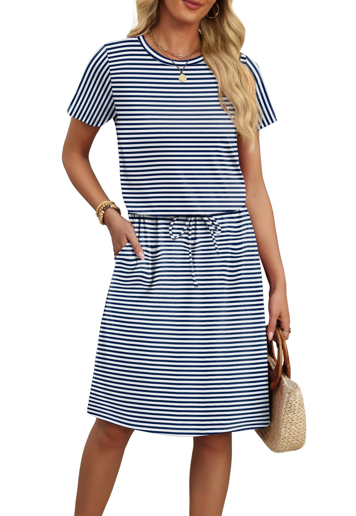 OFEEFAN Womens Summer Dresses Fashion Short Sleeve Crew Neck T Shirt Sundresses Casual Tie Waist with Pockets