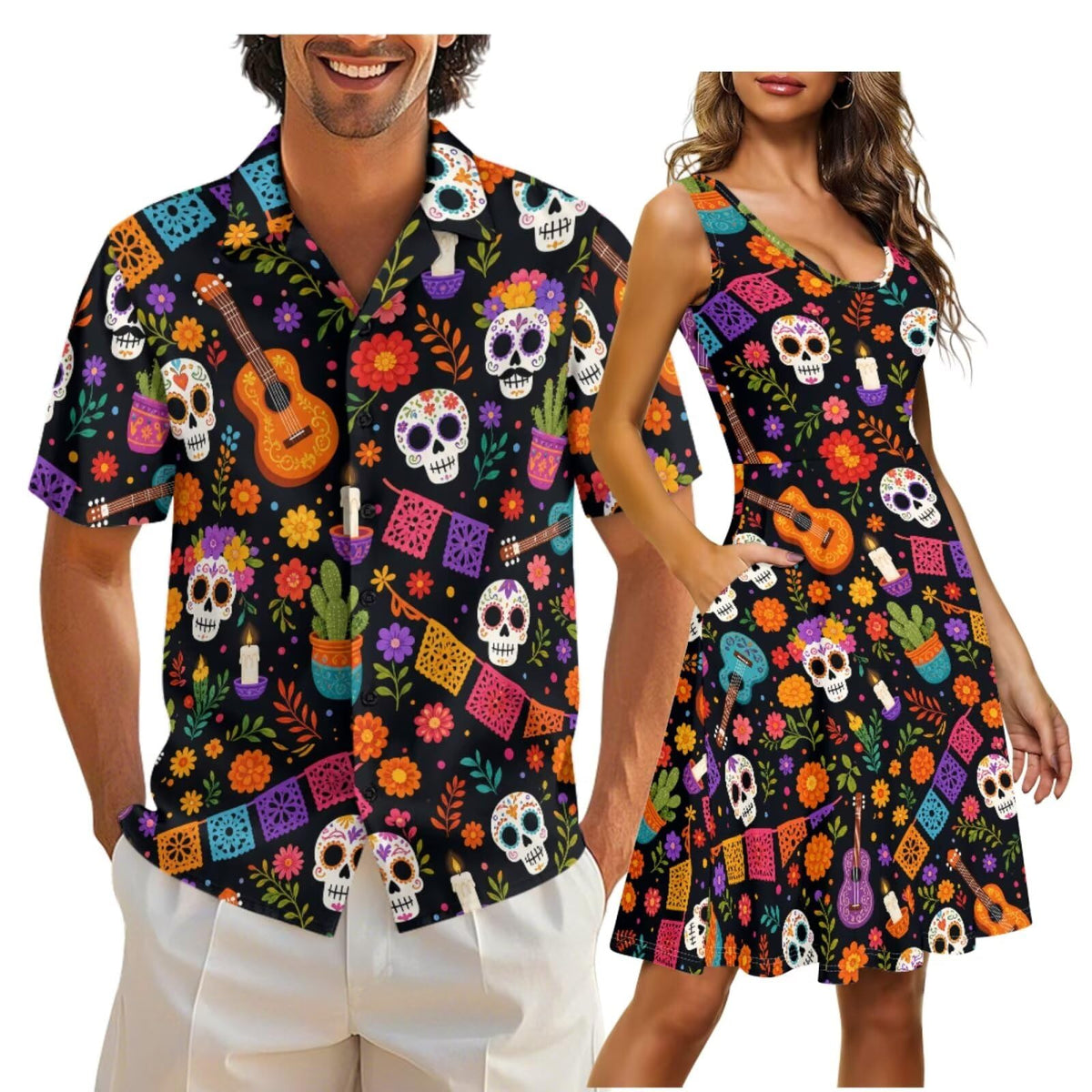 Cozeyat Independence Day Matching Outfits for Couples Mens Short Sleeve Button Down Shirts Womens Sleeveless Dress