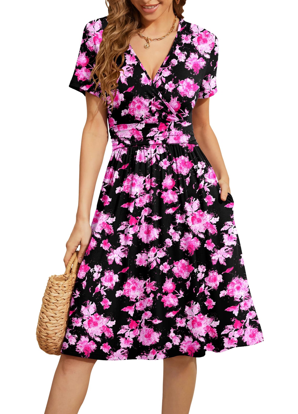 WEACZZY Women's Summer Short Sleeve Casual Dresses V-Neck Floral Party Dress with Pockets