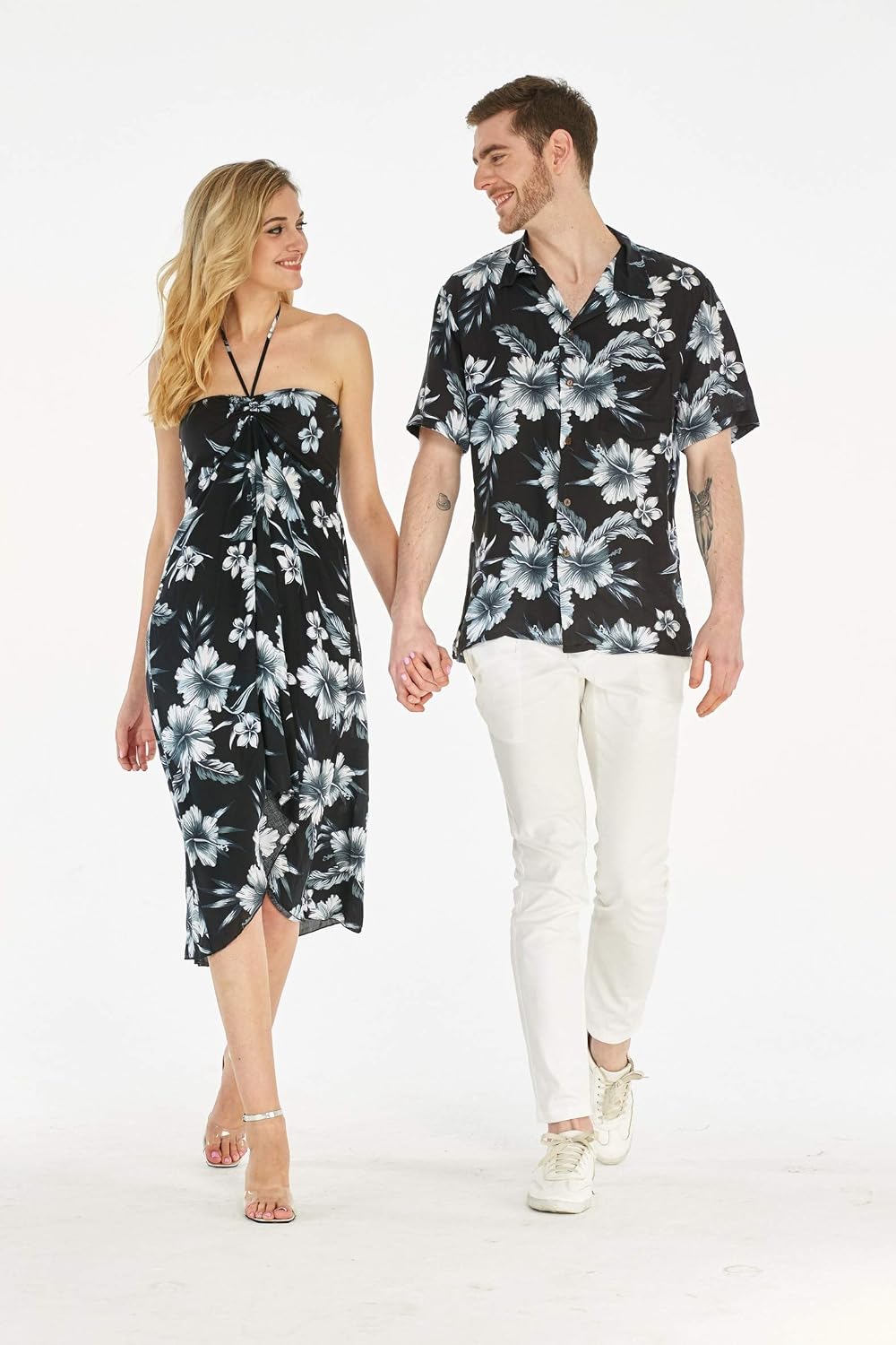 Couple Matching Hawaiian Luau Party Outfit Set Shirt Dress in Black Rafelsia