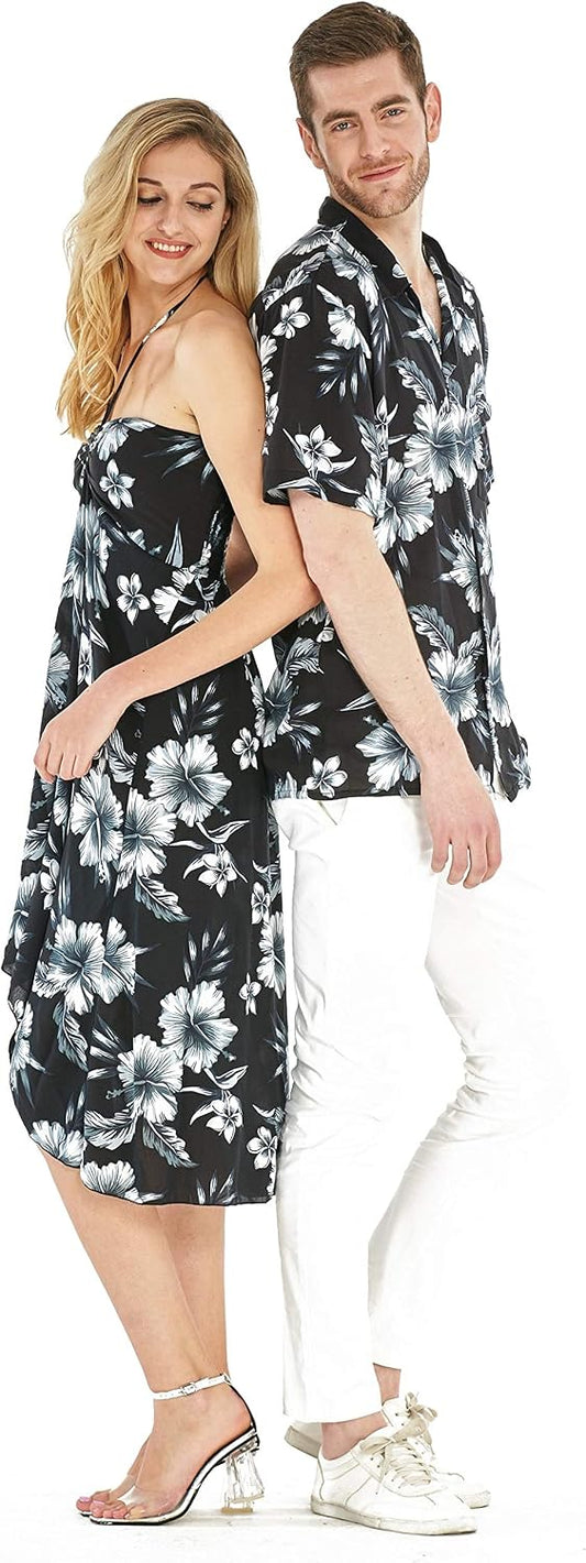 Couple Matching Hawaiian Luau Party Outfit Set Shirt Dress in Black Rafelsia