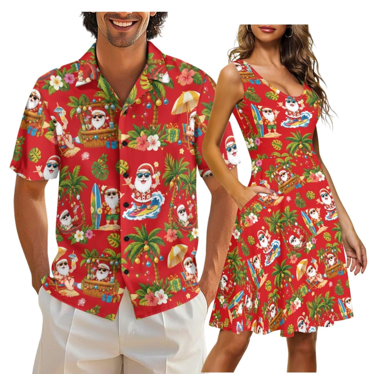 Cozeyat Matching Hawaiian Outfits for Couples Mens Button Up Polos Shirt and Women Sleeveless Sundress with Pockets