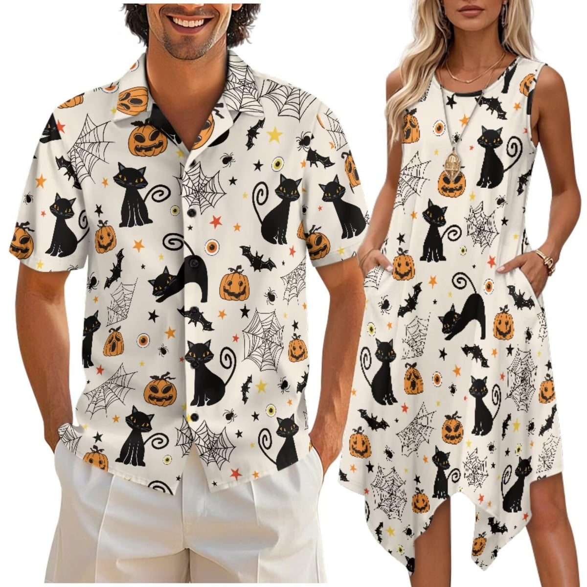 doginthehole Matching Hawaiian Outfits for Couples Men's Button Down Shirt Sleeveless Sundresses Summer Dress for Women