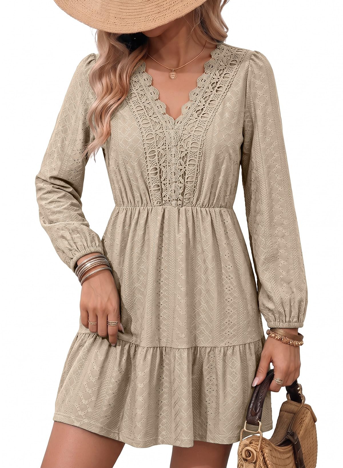 Dokotoo Womens Dresses Lace Hollow Out Embroidered V Neck Long Sleeve Dress