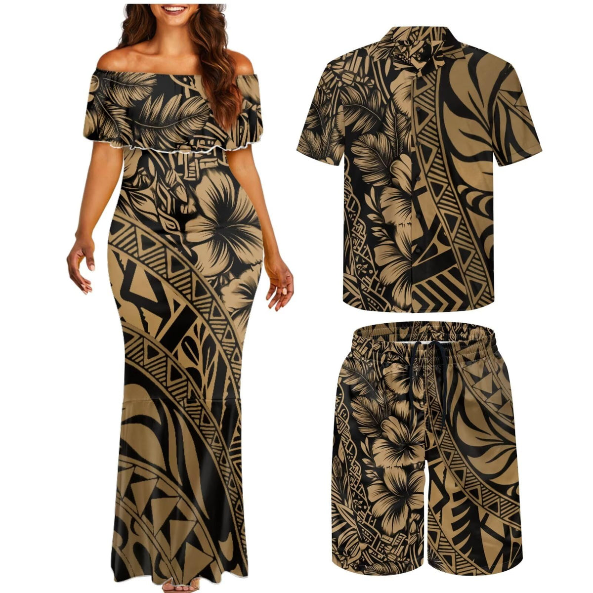 Matchable Couple Hawaiian Polynesian Puletasi Samoa Womens Dress with Mens Shirt and Mens Shorts Couple Set
