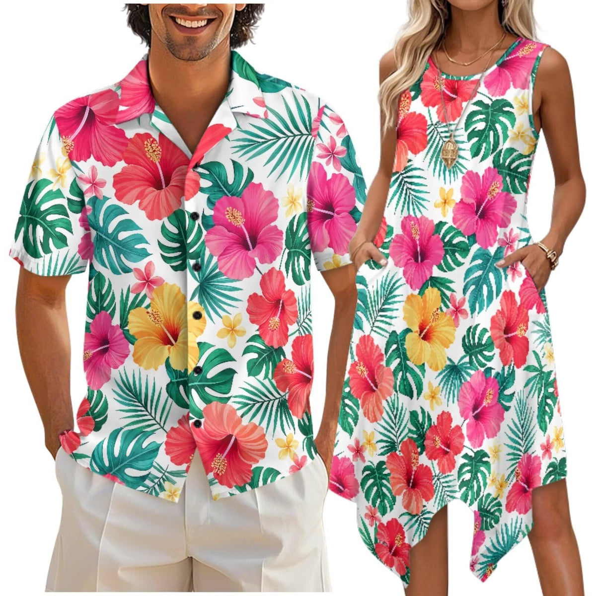 doginthehole Matching Hawaiian Outfits for Couples Men's Button Down Shirt Sleeveless Sundresses Summer Dress for Women
